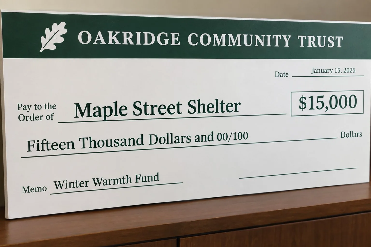 Custom giant donation check for a community trust