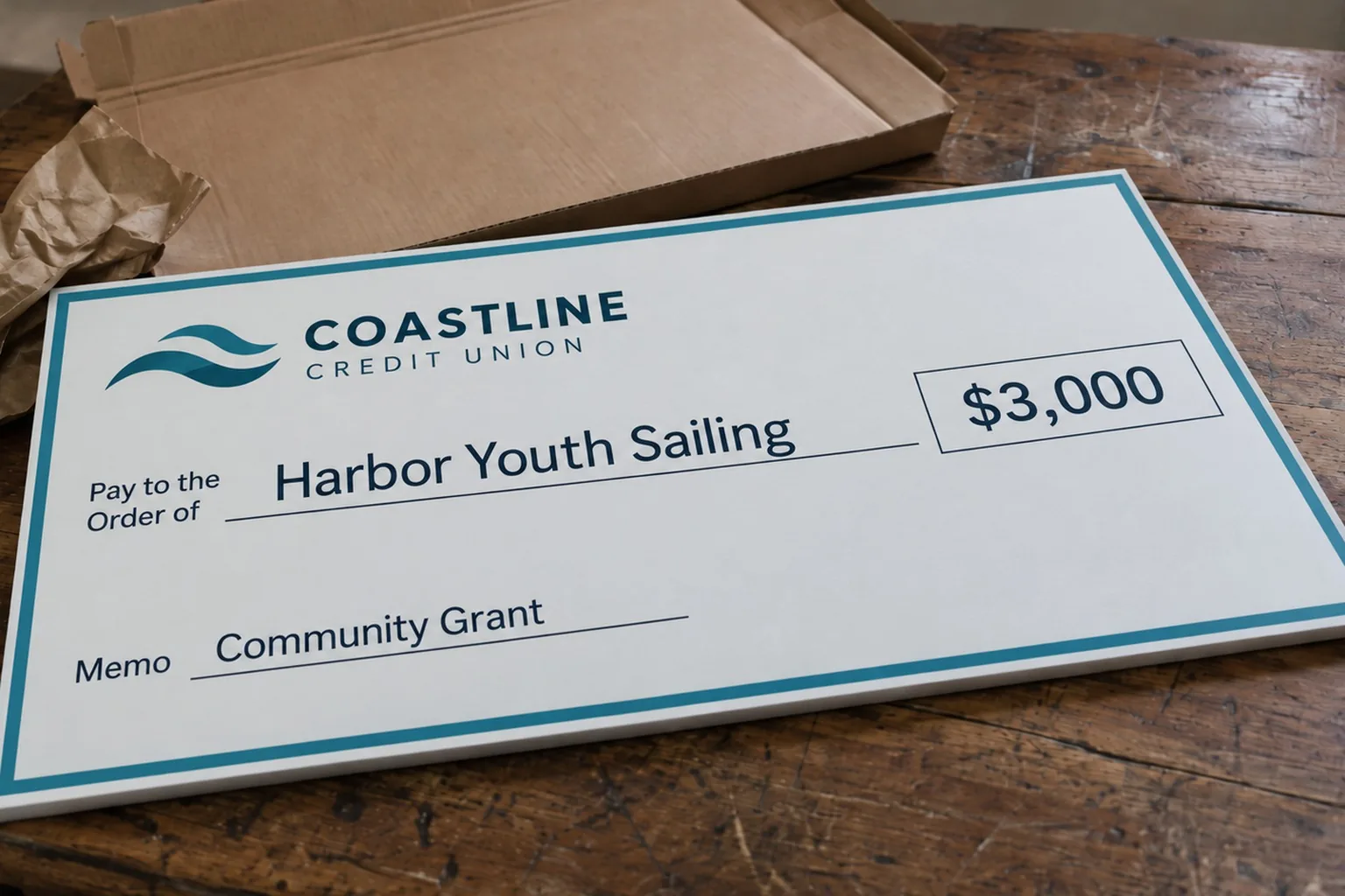 Custom giant check just unboxed on a kitchen table