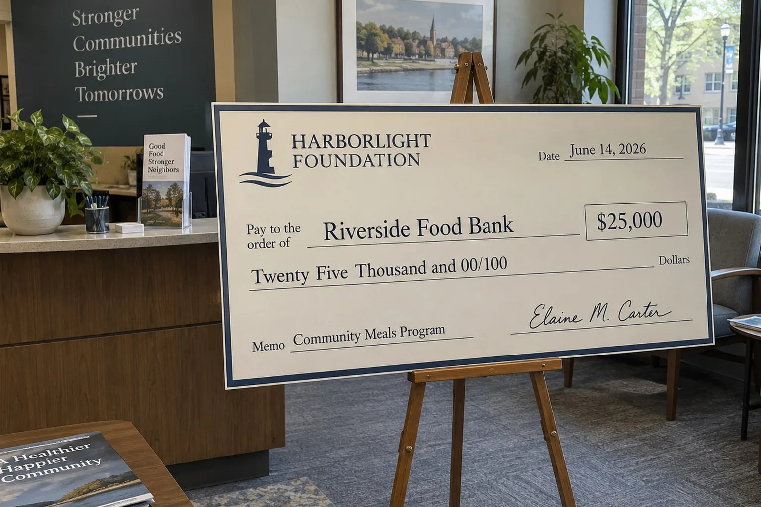 Custom giant presentation check for a donation on an easel in a nonprofit office lobby