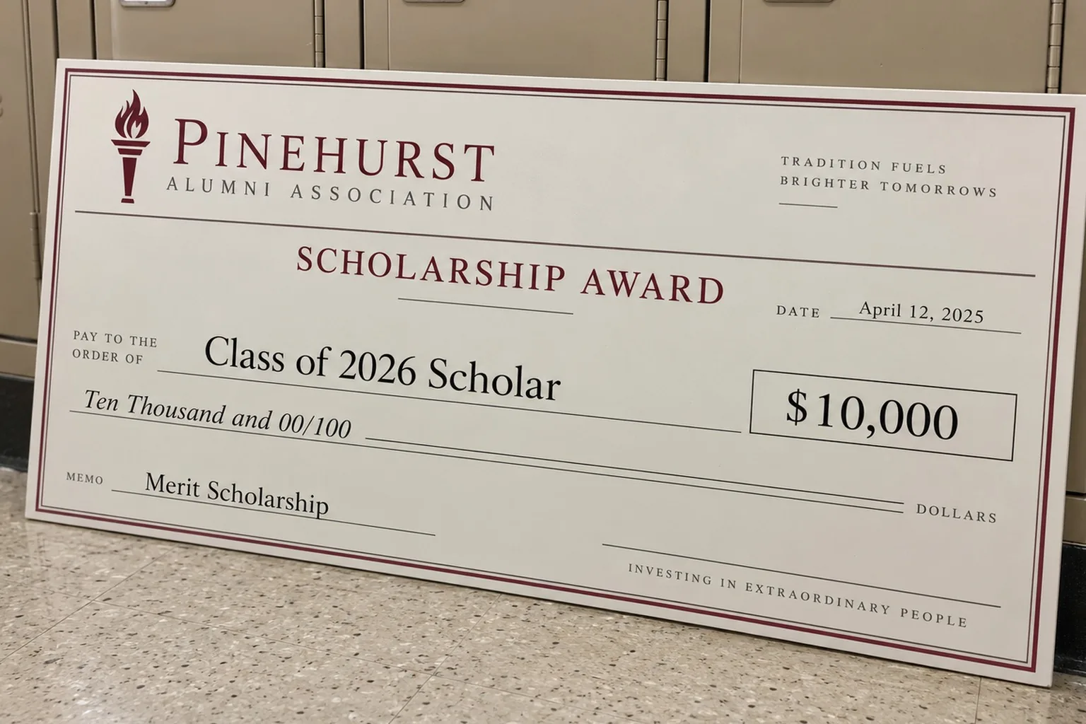 Custom giant scholarship check leaning on school lockers