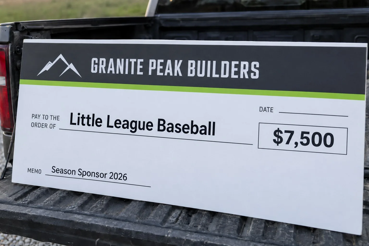 Custom giant sponsorship check on a truck tailgate